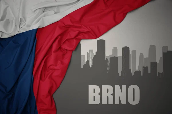 Abstrakcyjna Sylwetka Miasta Tekstem Brno Blisko Machając Kolorowe Flagi Narodowej — Zdjęcie stockowe