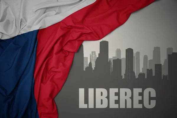 Silhueta Abstrata Cidade Com Texto Liberec Perto Acenando Colorido Bandeira — Fotografia de Stock