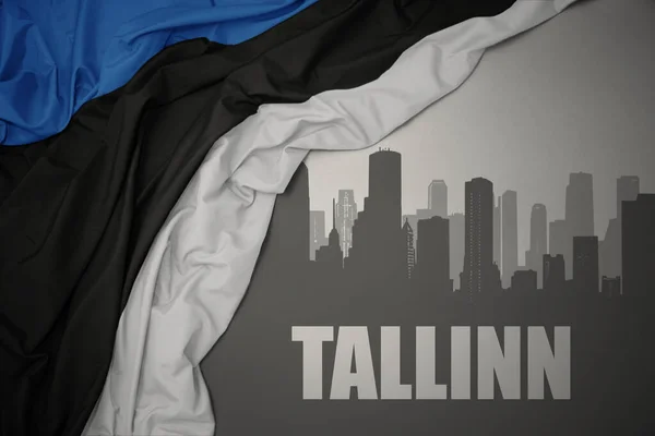 Abstraktní Silueta Města Textem Tallinn Blízkosti Mávání Barevné Národní Vlajky — Stock fotografie