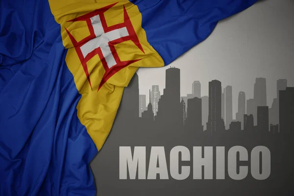 Abstract Silhouette City Text Machico Waving Colorful National Flag Madeira — Stock Photo, Image