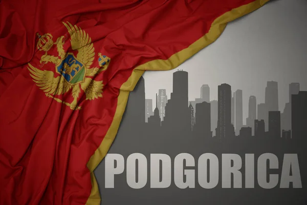 Abstract Silhouette City Text Podgorica Waving Colorful National Flag Montenegro — Stockfoto