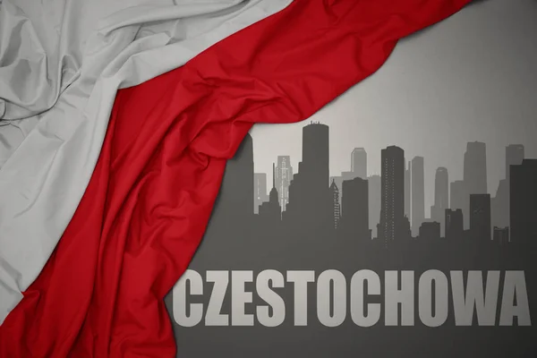 Abstract Silhouette City Text Czestochowa Waving Colorful National Flag Poland — Stockfoto