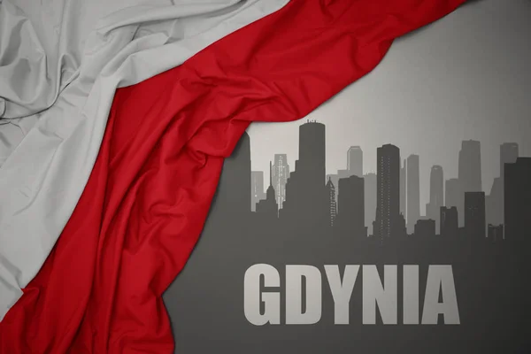 Silueta Abstracta Ciudad Con Texto Gdynia Cerca Ondeando Colorida Bandera —  Fotos de Stock