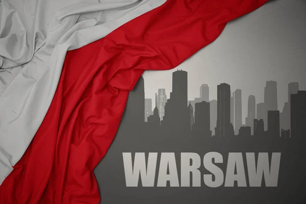 Silhueta Abstrata Cidade Com Texto Varsóvia Perto Acenando Colorido Bandeira — Fotografia de Stock