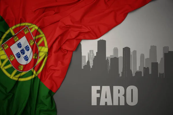 Abstrato Silhueta Cidade Com Texto Faro Próximo Acenando Colorido Bandeira — Fotografia de Stock