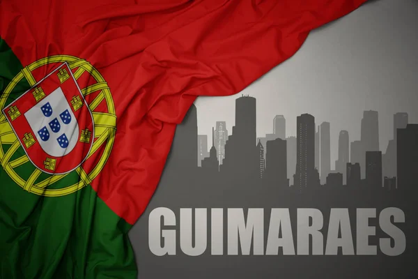 Silhueta Abstrata Cidade Com Texto Guimarães Perto Acenando Colorido Bandeira — Fotografia de Stock