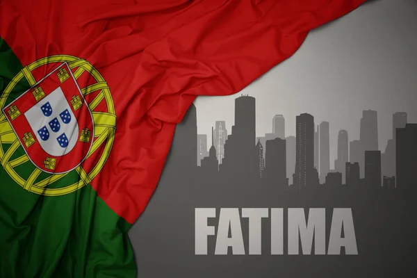 Gri Arkaplanda Renkli Portekiz Bayrağının Dalgalanmasının Yanında Fatima Nın Yazısıyla — Stok fotoğraf