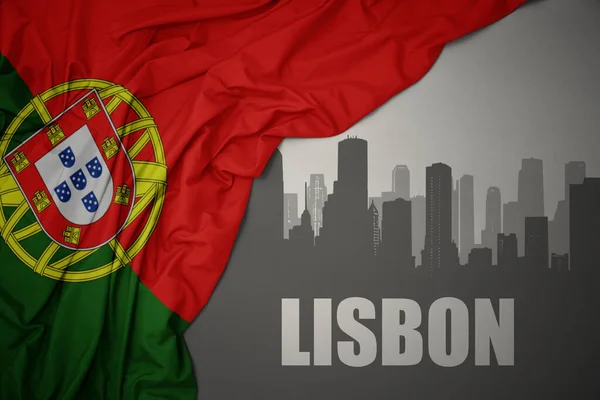Lizbon Gri Arka Planında Renkli Portekiz Bayrağının Dalgalanması Yakınındaki Yazı — Stok fotoğraf