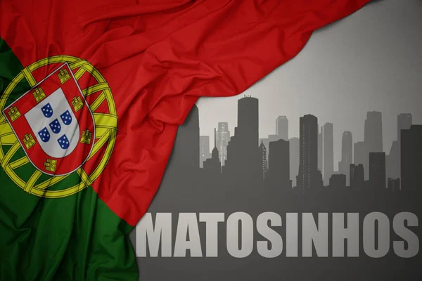 Abstrakcyjna Sylwetka Miasta Tekstem Matosinhos Pobliżu Machania Kolorowe Flagi Narodowej — Zdjęcie stockowe
