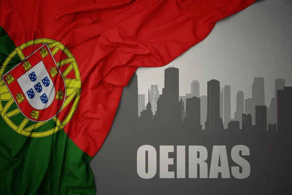 Gri Arkaplanda Renkli Portekiz Bayrağını Sallayan Oeiras Yazısıyla Şehrin Soyut — Stok fotoğraf