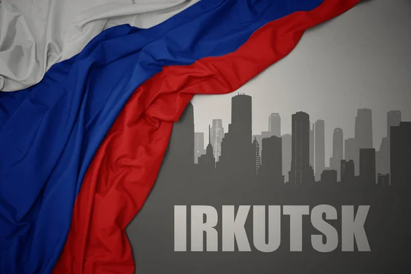 Silueta Abstracta Ciudad Con Texto Irkutsk Cerca Ondeando Colorida Bandera —  Fotos de Stock