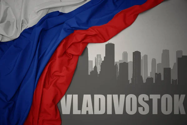 Silueta Abstracta Ciudad Con Texto Vladivostok Cerca Ondeando Colorida Bandera —  Fotos de Stock