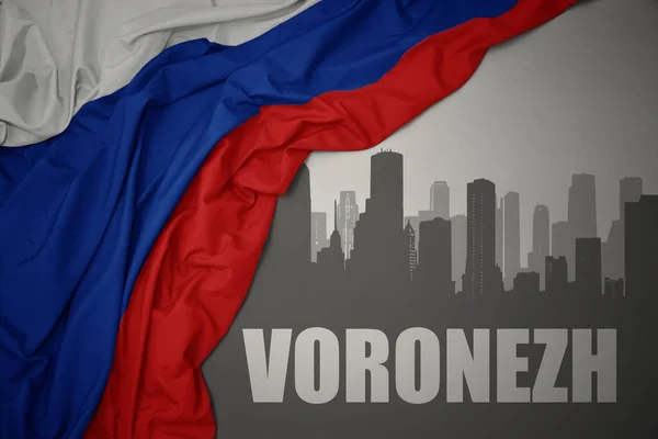 Silueta Abstracta Ciudad Con Texto Voronezh Cerca Ondeando Colorida Bandera —  Fotos de Stock