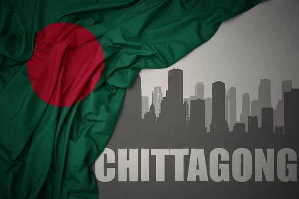 Abstrakcyjna Sylwetka Miasta Tekstem Chittagong Pobliżu Machania Kolorowe Flagi Narodowej — Zdjęcie stockowe