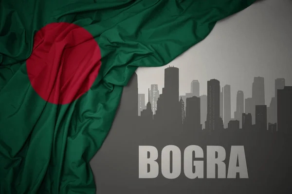 Abstrakcyjna Sylwetka Miasta Tekstem Bogra Pobliżu Machania Kolorowe Flagi Narodowej — Zdjęcie stockowe