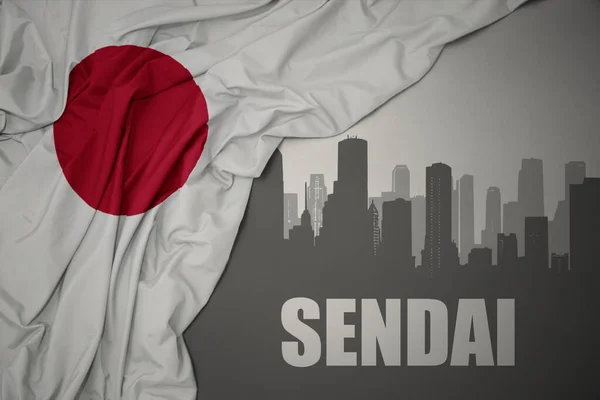 Silueta Abstracta Ciudad Con Texto Sendai Cerca Ondeando Colorida Bandera —  Fotos de Stock