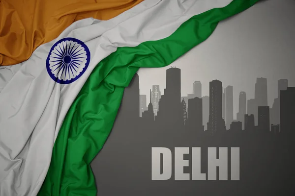 Silhueta Abstrata Cidade Com Texto Delhi Perto Acenando Colorido Bandeira — Fotografia de Stock