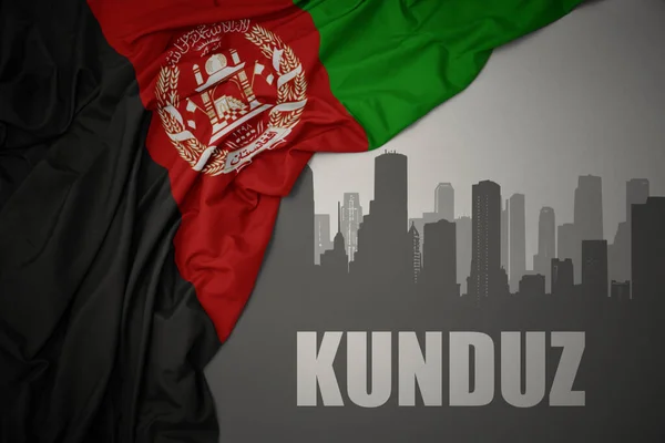 Silhueta Abstrata Cidade Com Texto Kunduz Perto Acenar Bandeira Nacional — Fotografia de Stock