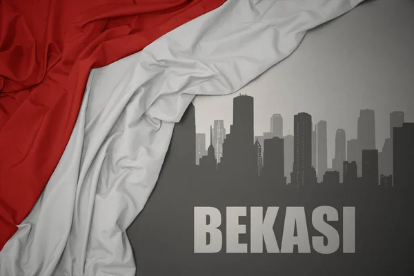 Abstract Silhouette City Text Bekasi Waving Colorful National Flag Indonesia — ストック写真