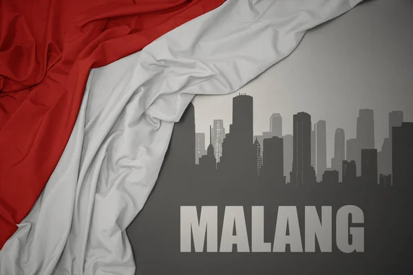 Abstract Silhouette City Text Malang Waving Colorful National Flag Indonesia — ストック写真