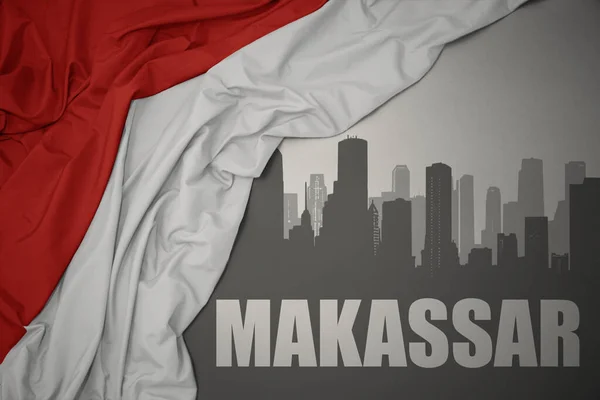 Silueta Abstracta Ciudad Con Texto Makassar Cerca Ondeando Colorida Bandera —  Fotos de Stock