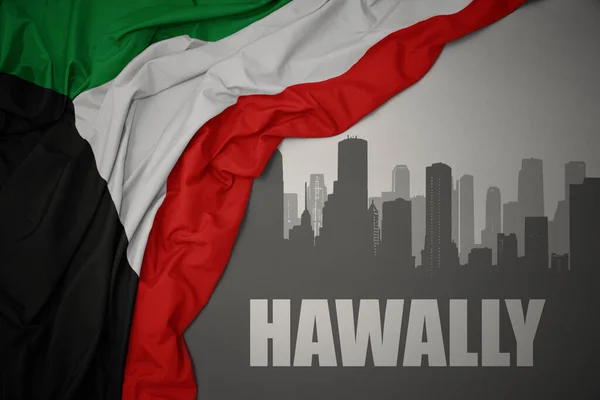 Abstract Silhouette City Text Hawally Waving Colorful National Flag Kuwait — Stock Photo, Image