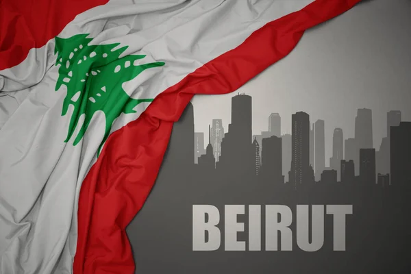 Abstract Silhouette City Text Beirut Waving Colorful National Flag Laos — Stock Photo, Image