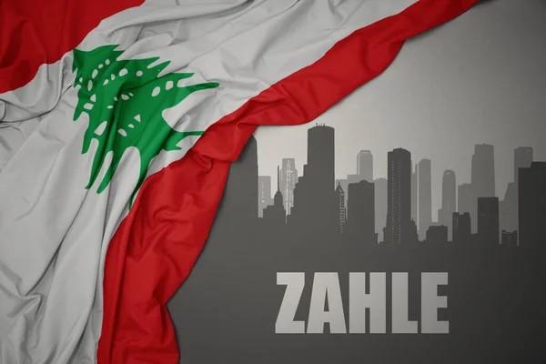 Abstract Silhouette City Text Zahle Waving Colorful National Flag Laos — Stock Photo, Image