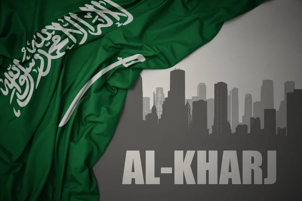 Abstract Silhouette City Text Kharj Waving Colorful National Flag Saudi — Stock Photo, Image
