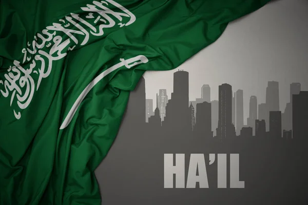 Abstract Silhouette City Text Waving Colorful National Flag Saudi Arabia — Stock Photo, Image