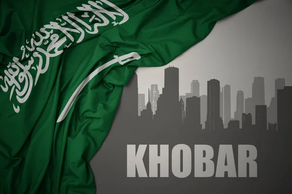 Abstract Silhouette City Text Khobar Waving Colorful National Flag Saudi — Stock Photo, Image