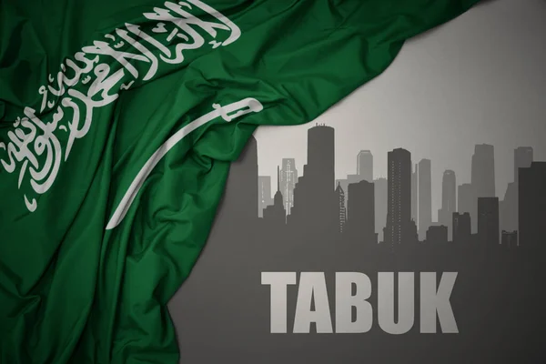 Abstract Silhouette City Text Tabuk Waving Colorful National Flag Saudi — Stock Photo, Image