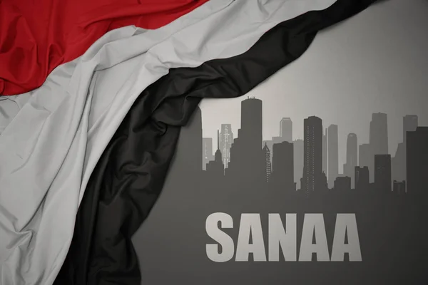 Abstrakt Siluett Staden Med Text Sanaa Nära Viftande Färgglada Nationella — Stockfoto