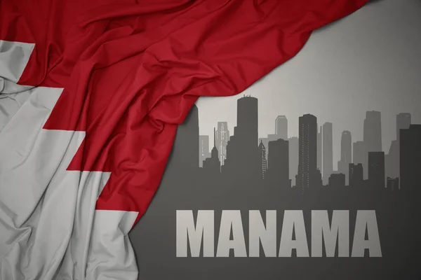 Abstract Silhouette City Text Manama Waving Colorful National Flag Bahrain — Stock Photo, Image