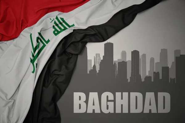 Abstraktní Silueta Města Textem Bagdád Blízkosti Mávání Barevné Národní Vlajky — Stock fotografie