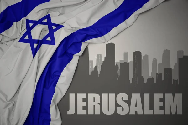 Abstract Silhouette City Text Jerusalem Waving Colorful National Flag Israel — Stock Photo, Image