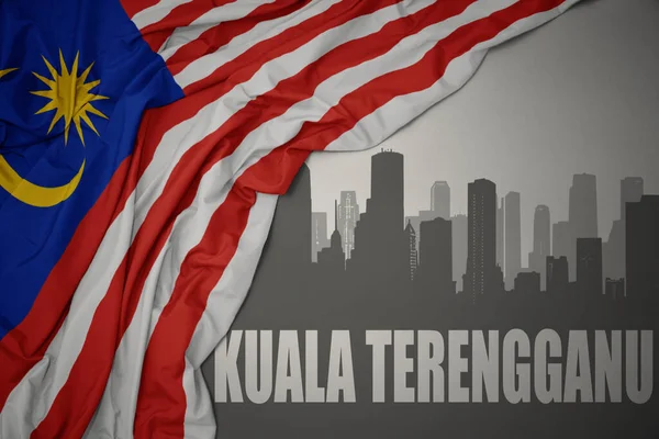 텍스트가 도시의 추상적 실루엣 Kuala Terengganu 근처에 배경에 이시아의 국기를 — 스톡 사진