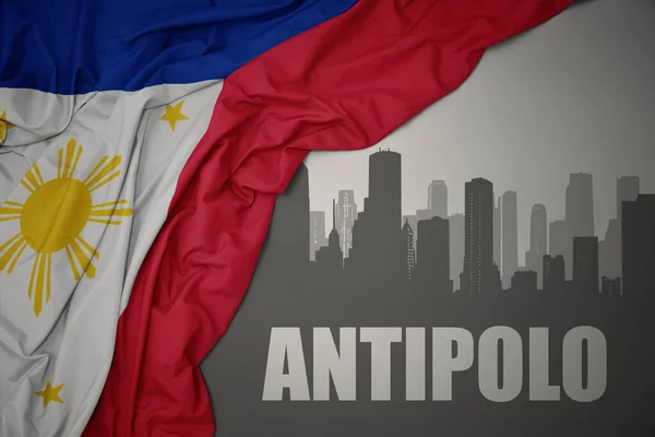 Abstract Silhouette City Text Antipolo Waving Colorful National Flag Philippines — ストック写真