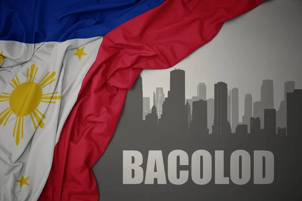 Abstract Silhouette City Text Bacolod Waving Colorful National Flag Philippines — ストック写真