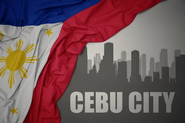 Abstrakcyjna Sylwetka Miasta Tekstem Cebu City Pobliżu Machania Kolorowe Flagi — Zdjęcie stockowe