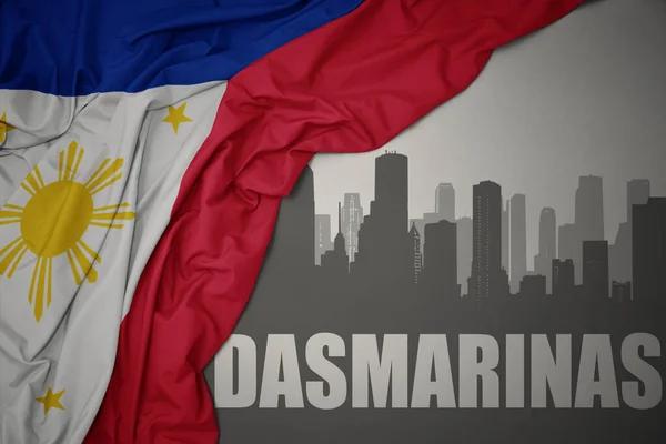 Abstract Silhouette City Text Dasmarinas Waving Colorful National Flag Philippines — ストック写真