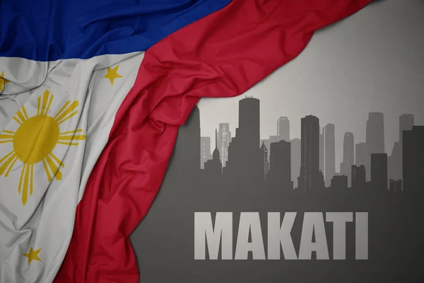 Abstract Silhouette City Text Makati Waving Colorful National Flag Philippines — ストック写真