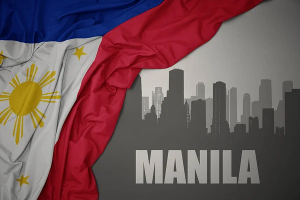 Abstraktní Silueta Města Textem Manila Blízkosti Mávání Barevnou Národní Vlajkou — Stock fotografie