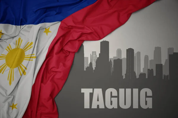 텍스트와 도시의 추상적 실루엣 Taguig 근처에 배경에 국기를 흔들며 — 스톡 사진