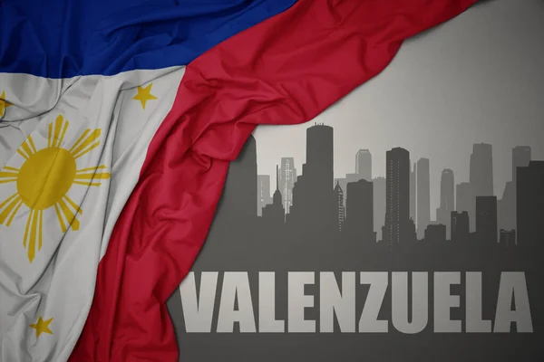 Abstract Silhouette City Text Valenzuela Waving Colorful National Flag Philippines — ストック写真