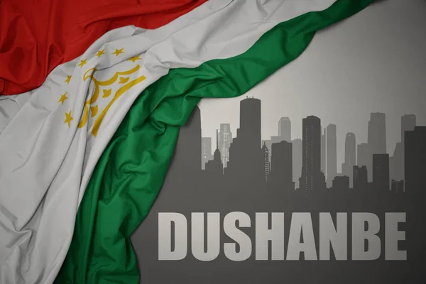 Abstract Silhouette City Text Dushanbe Waving Colorful National Flag Tajikistan — Stock Photo, Image