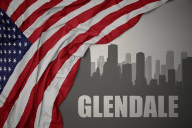 Şehrin soyut silueti ve Glendale 'in Amerika Birleşik Devletleri' nin gri arka planında renkli ulusal bayrağını salladığı bir yazı. 3B illüstrasyon