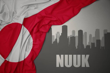 Kentin soyut silueti ve gri arka planda renkli ulusal bayrak sallayan Nuuk yazısıyla. 3B illüstrasyon