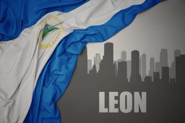 Şehrin soyut silueti ve gri arka planda renkli ulusal bayrak sallayan Leon mesajı. 3B illüstrasyon