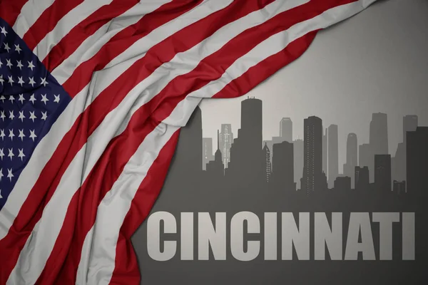 Abstract Silhouet Van Stad Met Tekst Cincinnati Buurt Zwaaiende Kleurrijke — Stockfoto
